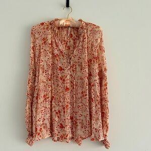 Free People Women's Ruffle Floral V-Neck With Tie Blouse Top Size S Boho Smocked